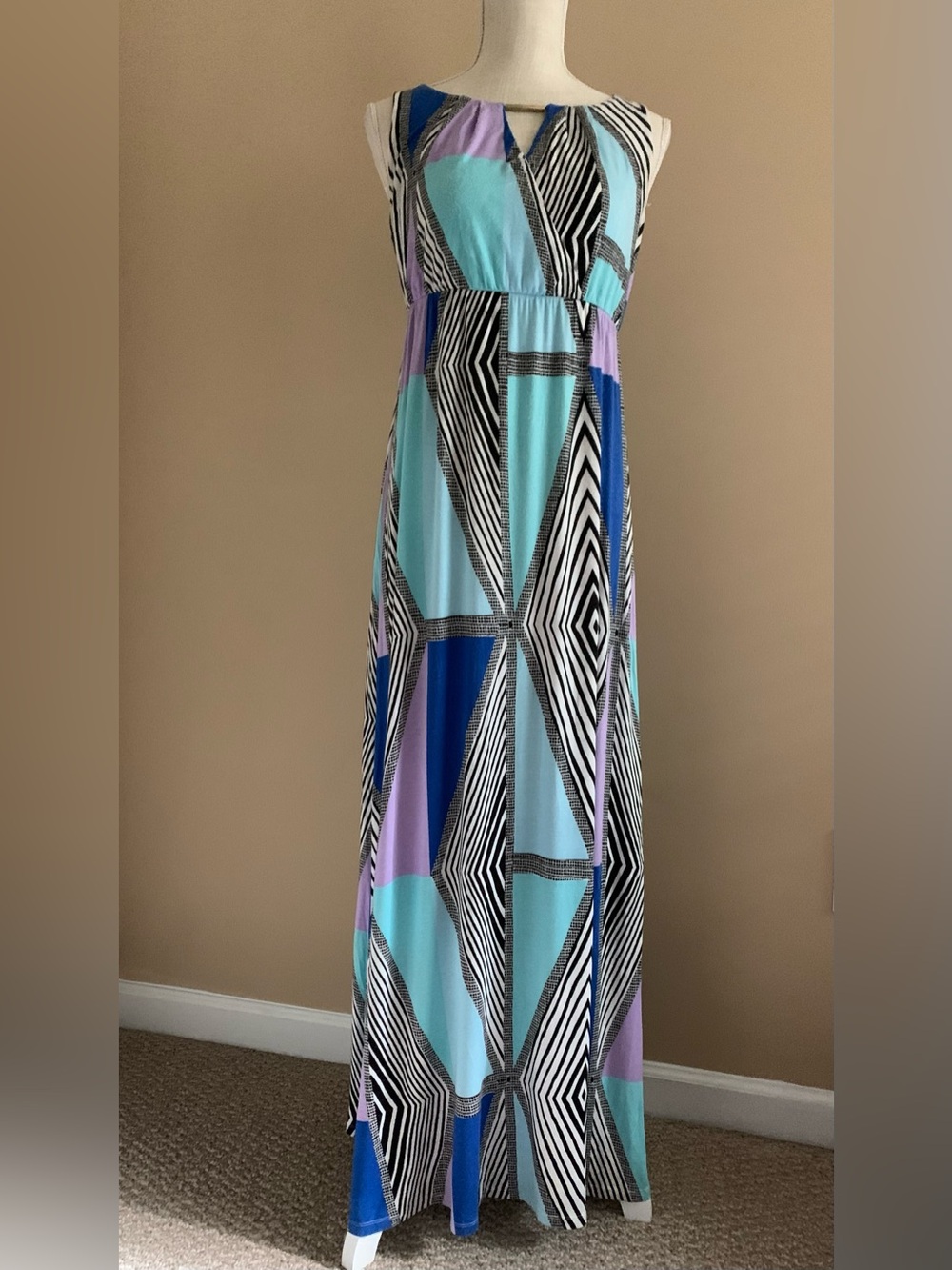 Geometric Sleeveless Maxi Dress in Aqua, Blue & Lilac